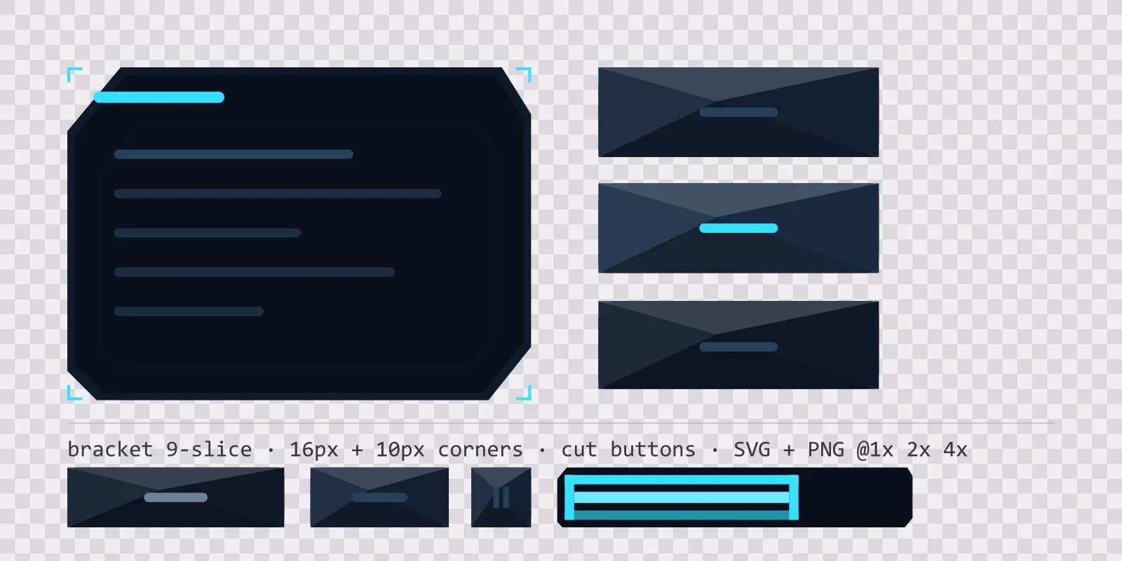 high-contrast neon game menu panel with a cyan title strip and a recessed list area, next to a column showing the same chamfered button in default, outlined hover and pushed-in pressed states