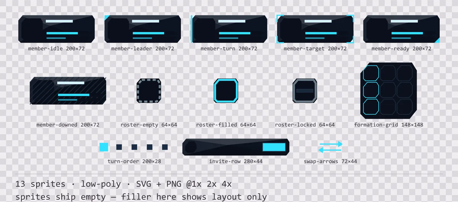 Sheet showing 13 low-poly party and roster widgets from the Neon family, arranged on a transparency checkerboard with their pixel sizes printed underneath
