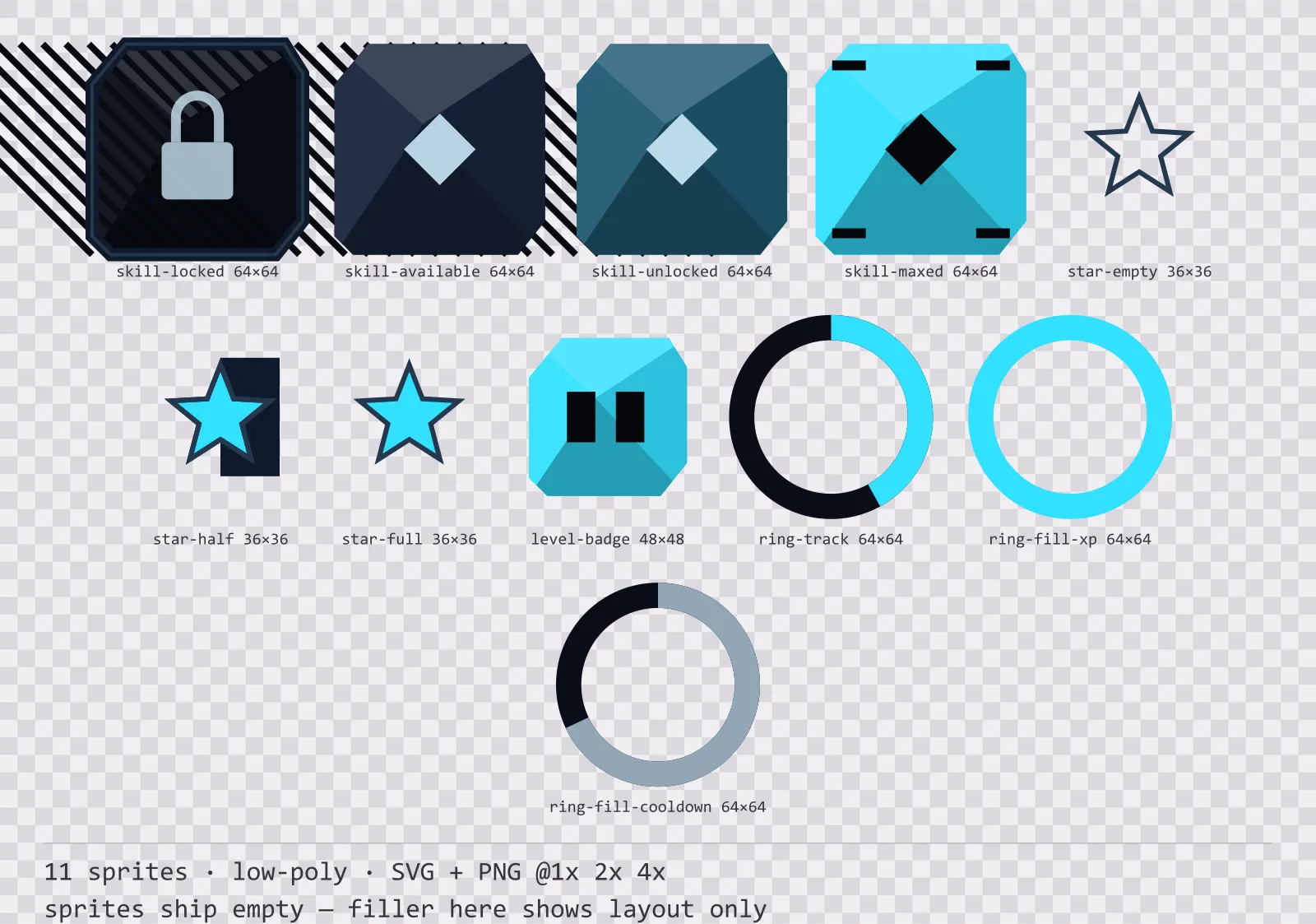 Sheet showing 11 low-poly progression and reward components from the Neon family, arranged on a transparency checkerboard with their pixel sizes printed underneath