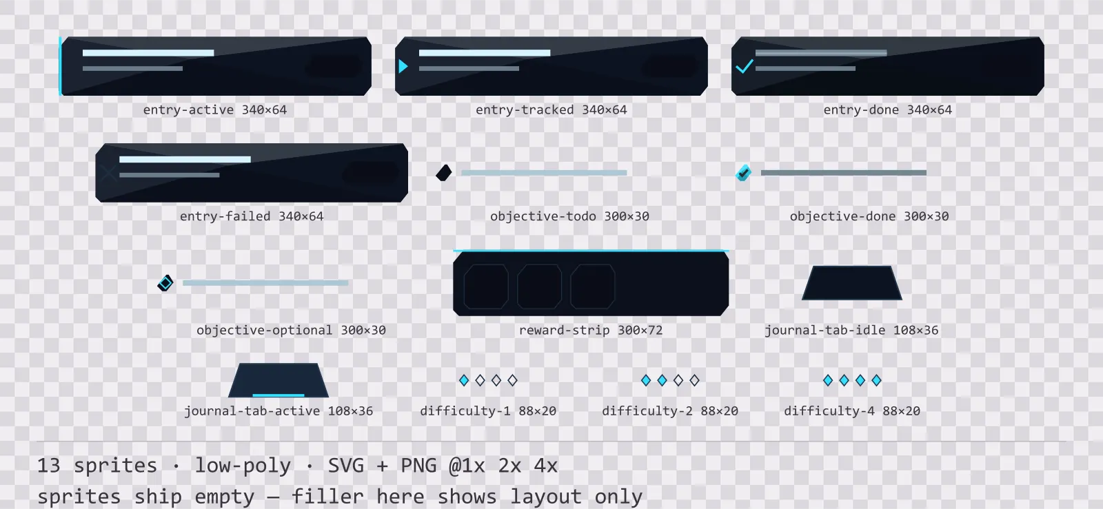 Sheet showing 13 low-poly quest log and objective widgets from the Neon family, arranged on a transparency checkerboard with their pixel sizes printed underneath
