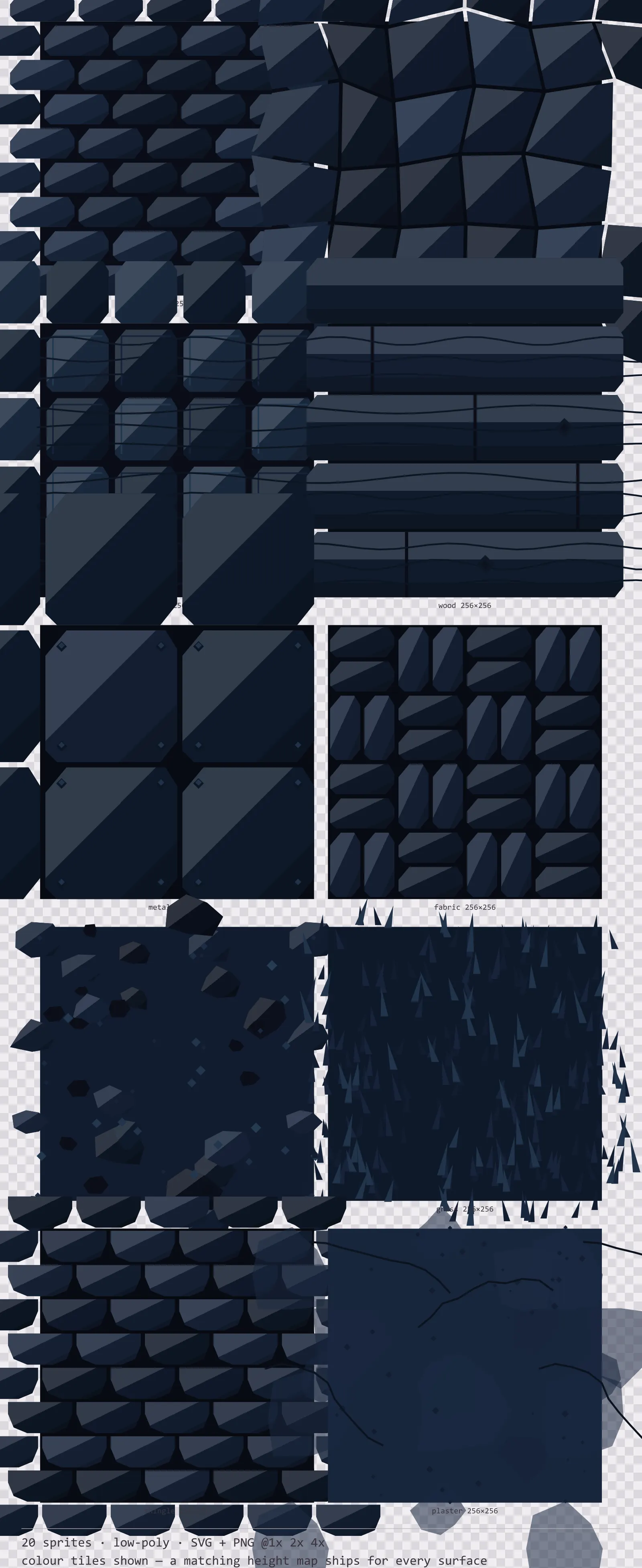 Sheet showing 20 low-poly tiling surface textures from the Neon family, arranged on a transparency checkerboard with their pixel sizes printed underneath