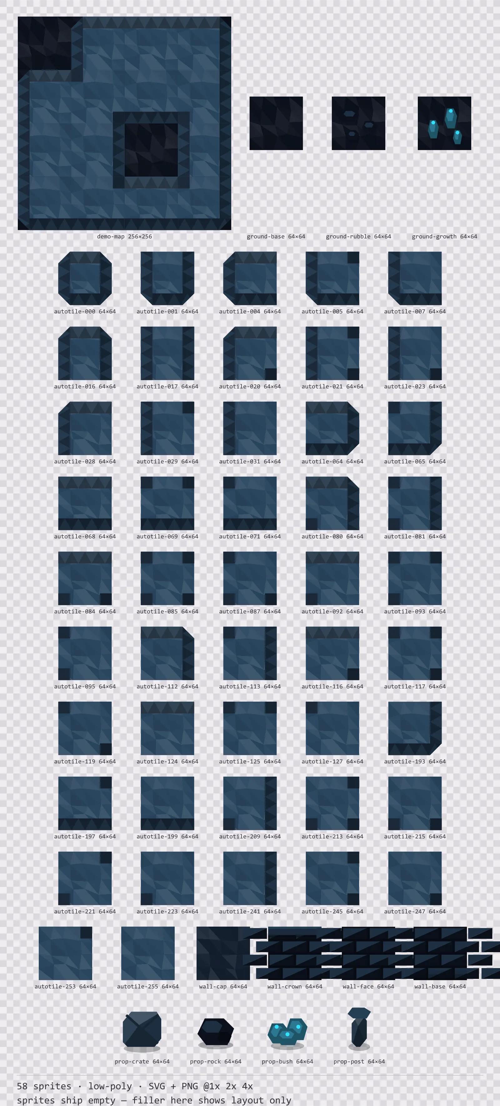 Sheet showing 58 low-poly tiles from the Neon family, arranged on a transparency checkerboard with their pixel sizes printed underneath