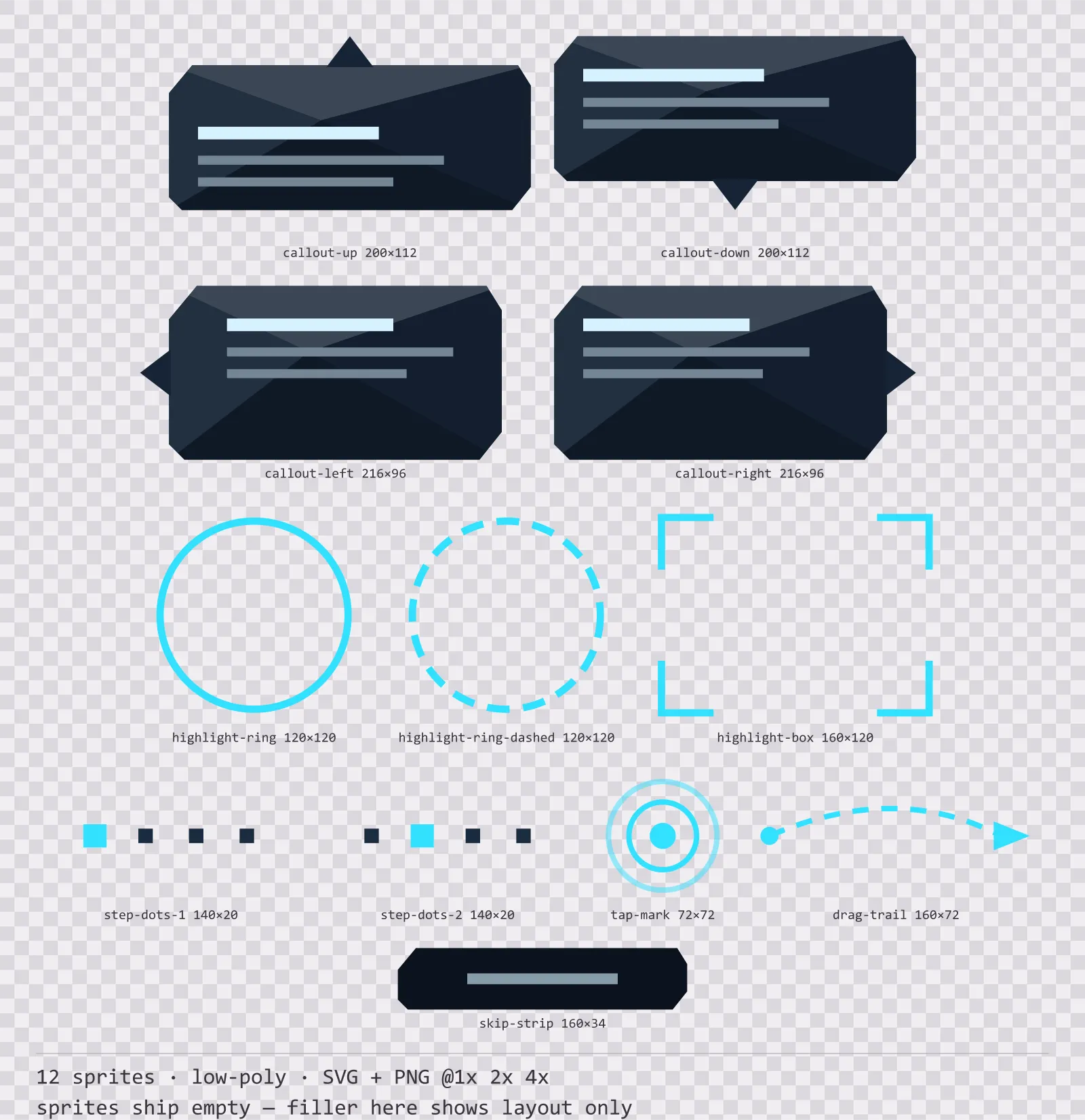 Sheet showing 12 low-poly tutorial and onboarding markers from the Neon family, arranged on a transparency checkerboard with their pixel sizes printed underneath