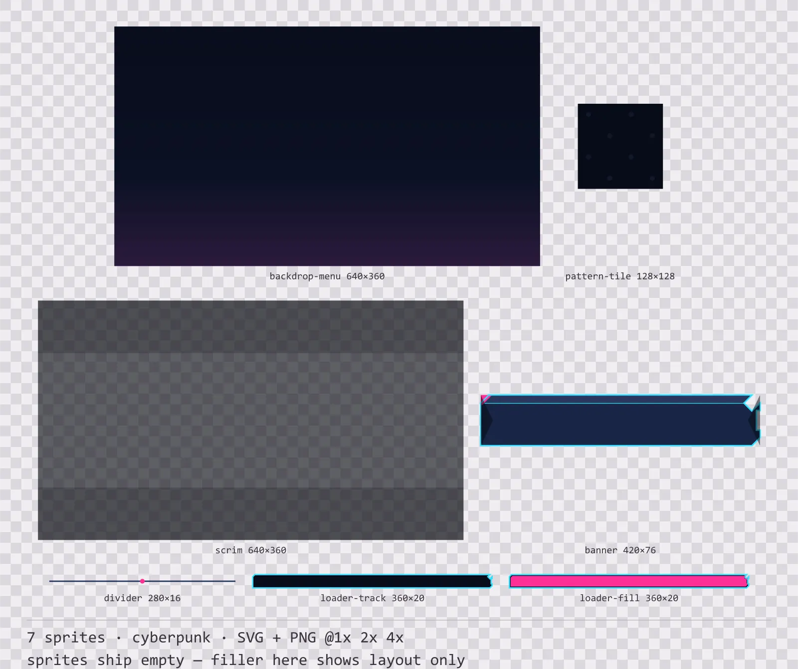 Sheet showing 7 cyberpunk background and overlay pieces from the Nightcity family, arranged on a transparency checkerboard with their pixel sizes printed underneath