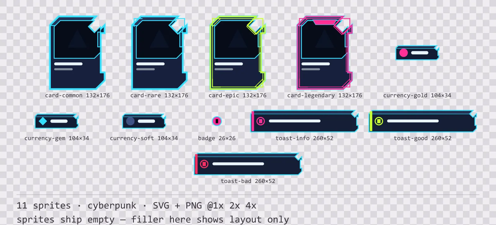Sheet showing 11 cyberpunk card, currency and notification components from the Nightcity family, arranged on a transparency checkerboard with their pixel sizes printed underneath