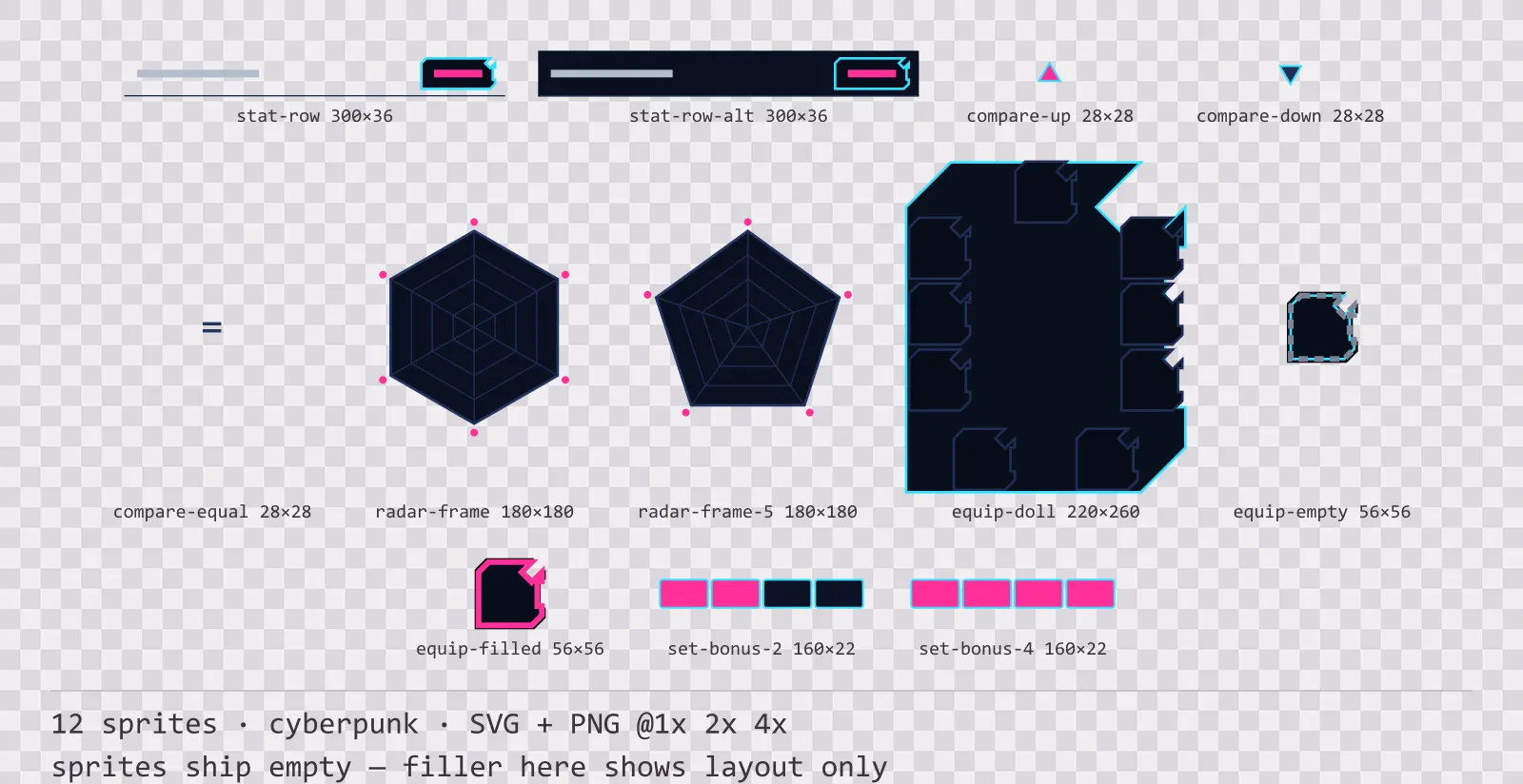 Sheet showing 12 cyberpunk character sheet and stat widgets from the Nightcity family, arranged on a transparency checkerboard with their pixel sizes printed underneath