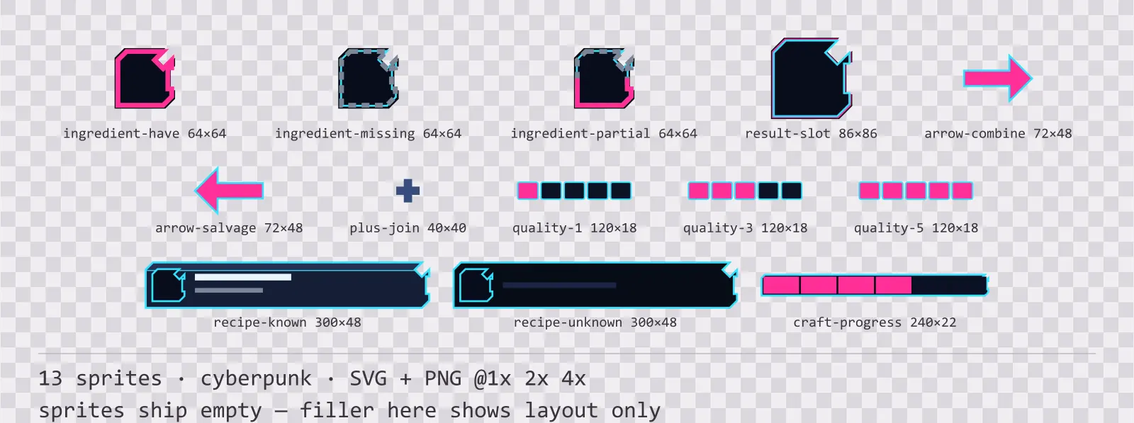 Sheet showing 13 cyberpunk crafting and recipe widgets from the Nightcity family, arranged on a transparency checkerboard with their pixel sizes printed underneath