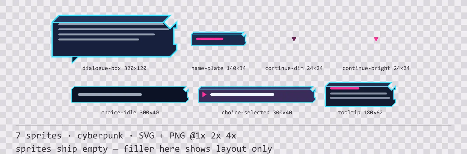 Sheet showing 7 cyberpunk dialogue components from the Nightcity family, arranged on a transparency checkerboard with their pixel sizes printed underneath