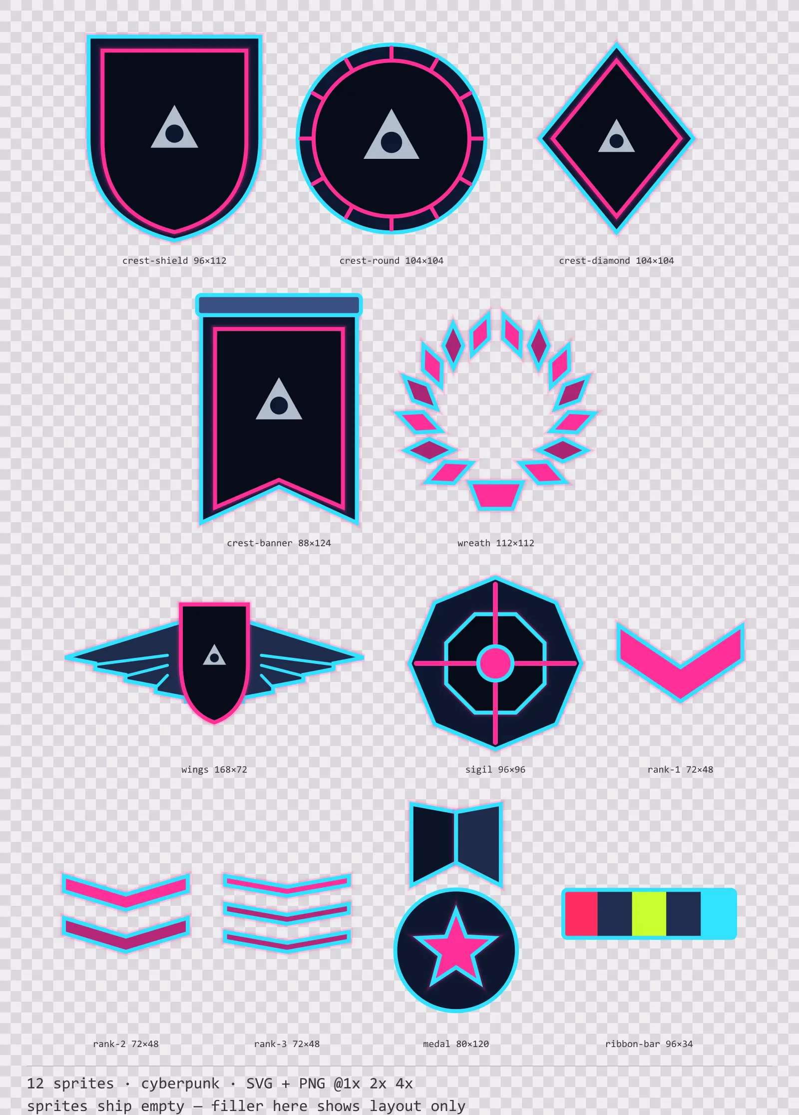 Sheet showing 12 cyberpunk crests, insignia and rank marks from the Nightcity family, arranged on a transparency checkerboard with their pixel sizes printed underneath