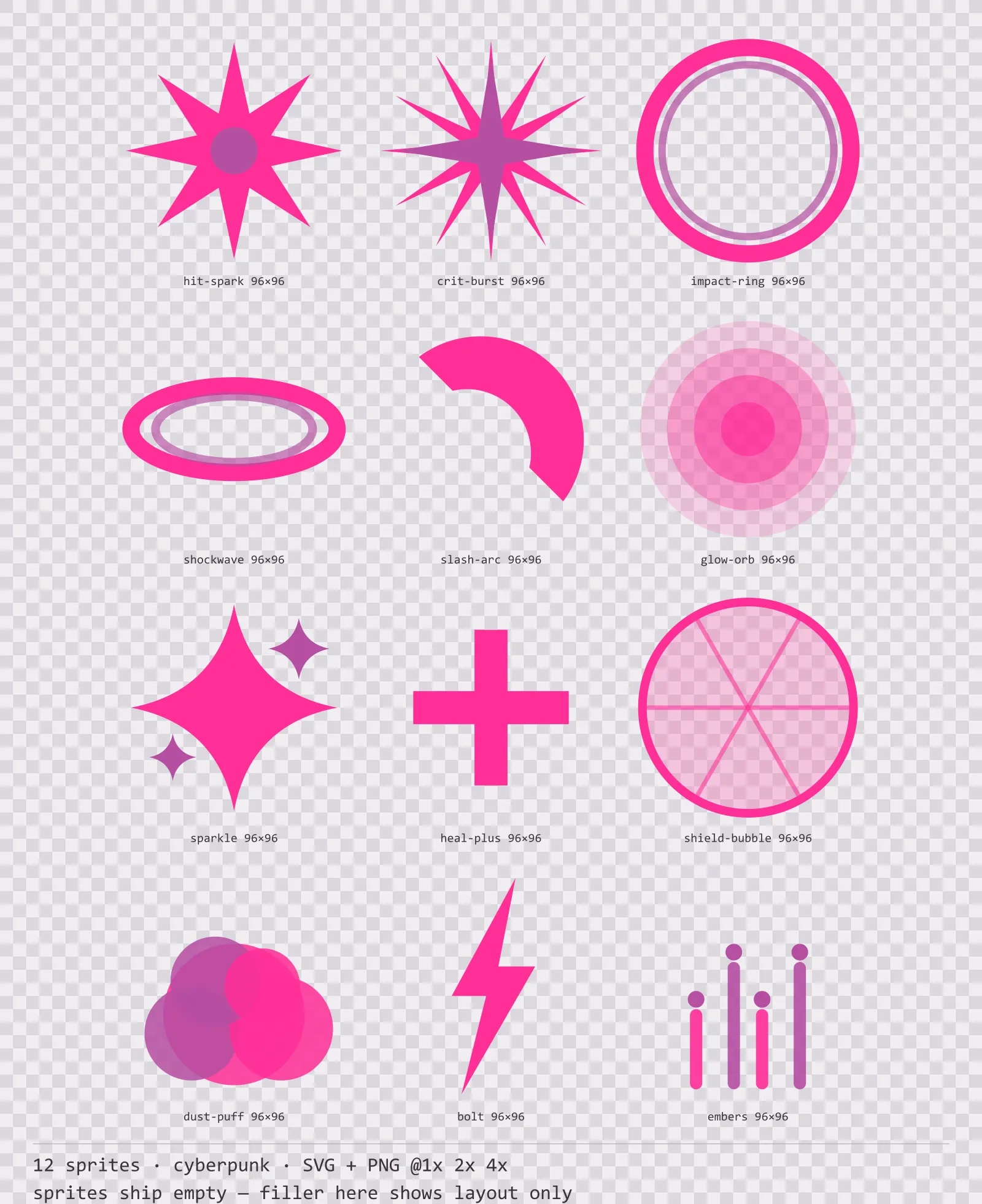 Sheet showing 12 cyberpunk impact and effect sprites from the Nightcity family, arranged on a transparency checkerboard with their pixel sizes printed underneath