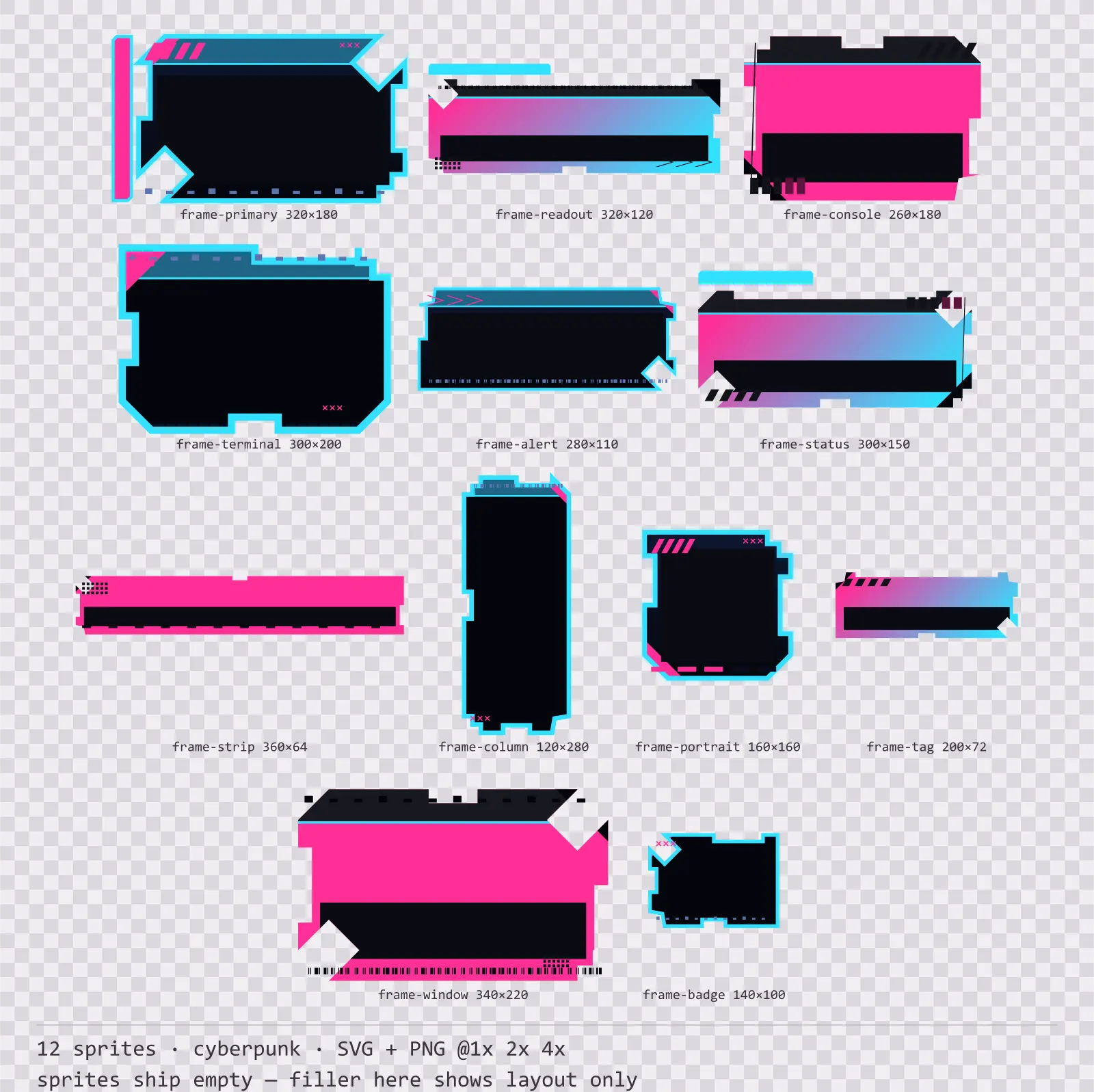Sheet showing 12 cyberpunk HUD frames from the Nightcity family, arranged on a transparency checkerboard with their pixel sizes printed underneath