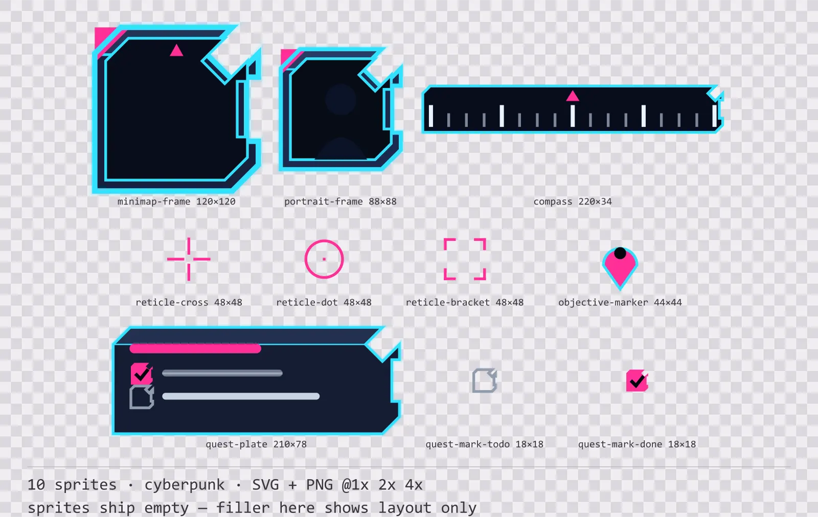 Sheet showing 10 cyberpunk heads-up display frames from the Nightcity family, arranged on a transparency checkerboard with their pixel sizes printed underneath