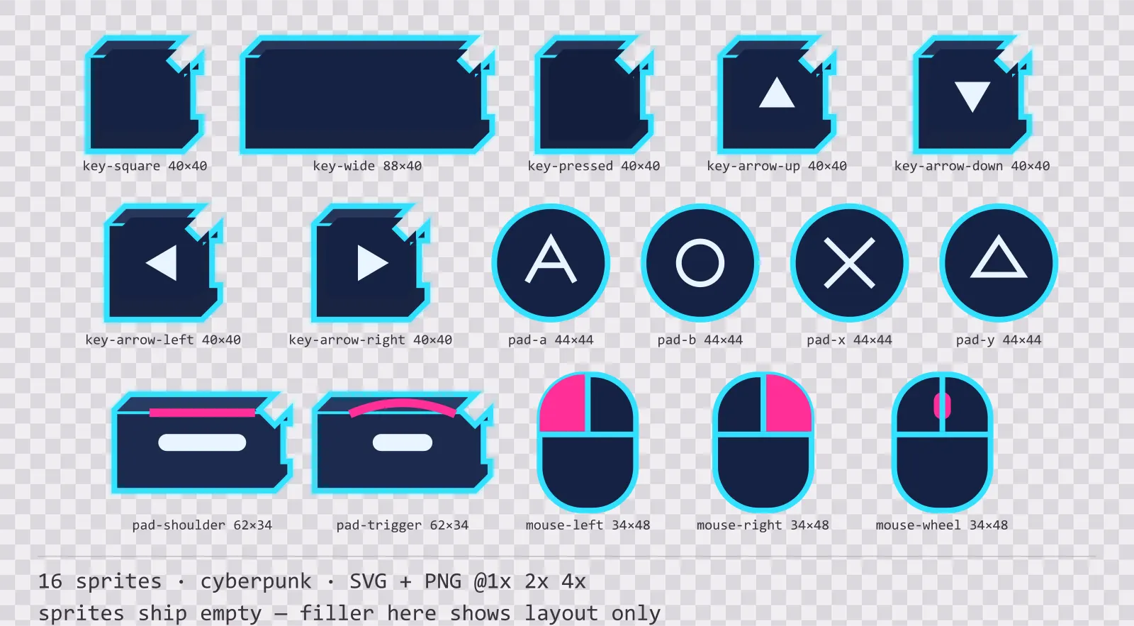 Sheet showing 16 cyberpunk input prompt sprites from the Nightcity family, arranged on a transparency checkerboard with their pixel sizes printed underneath