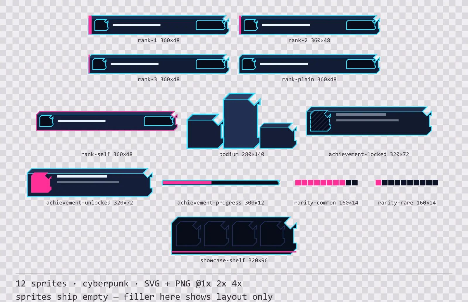 Sheet showing 12 cyberpunk leaderboard and achievement widgets from the Nightcity family, arranged on a transparency checkerboard with their pixel sizes printed underneath