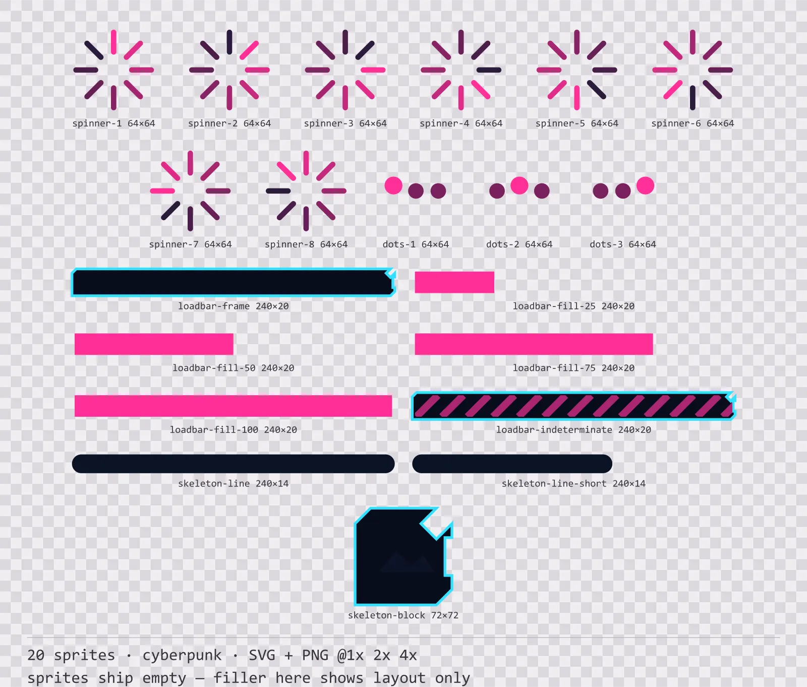 Sheet showing 20 cyberpunk loading and waiting indicators from the Nightcity family, arranged on a transparency checkerboard with their pixel sizes printed underneath