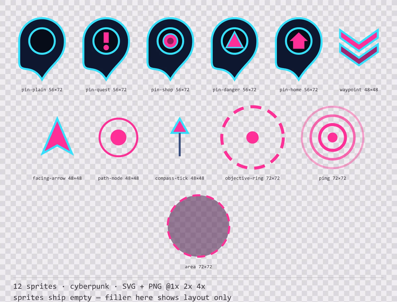 Sheet showing 12 cyberpunk map markers and world indicators from the Nightcity family, arranged on a transparency checkerboard with their pixel sizes printed underneath
