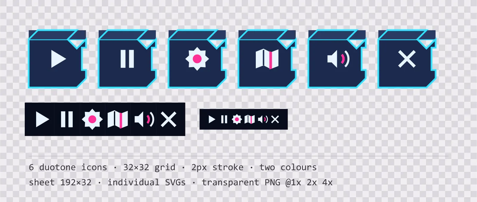Six two-tone game menu icons on neon night tiles, shown large, laid out on a sheet grid, and again at actual 32 pixel size