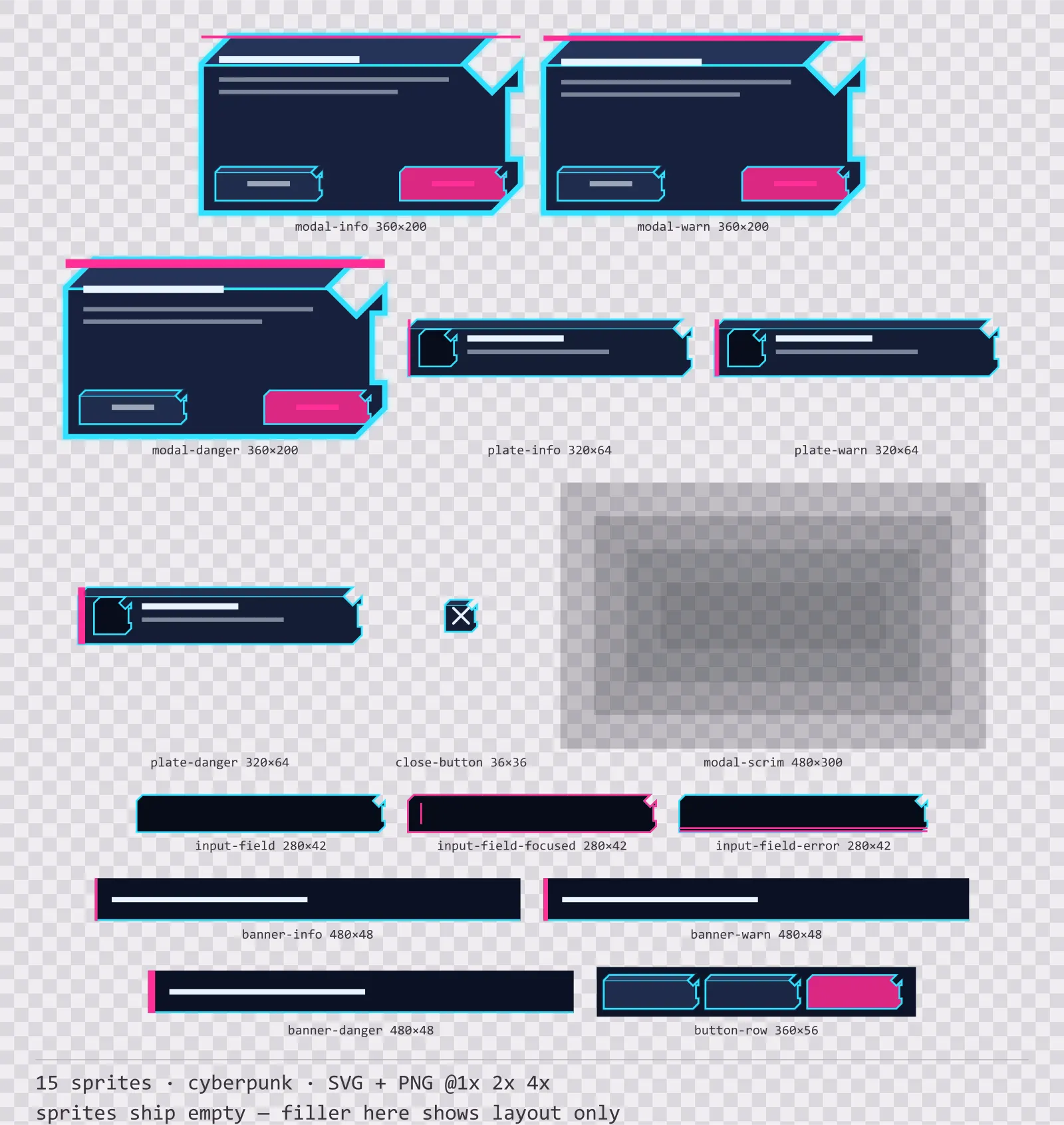 Sheet showing 15 cyberpunk modal dialogs and system notices from the Nightcity family, arranged on a transparency checkerboard with their pixel sizes printed underneath