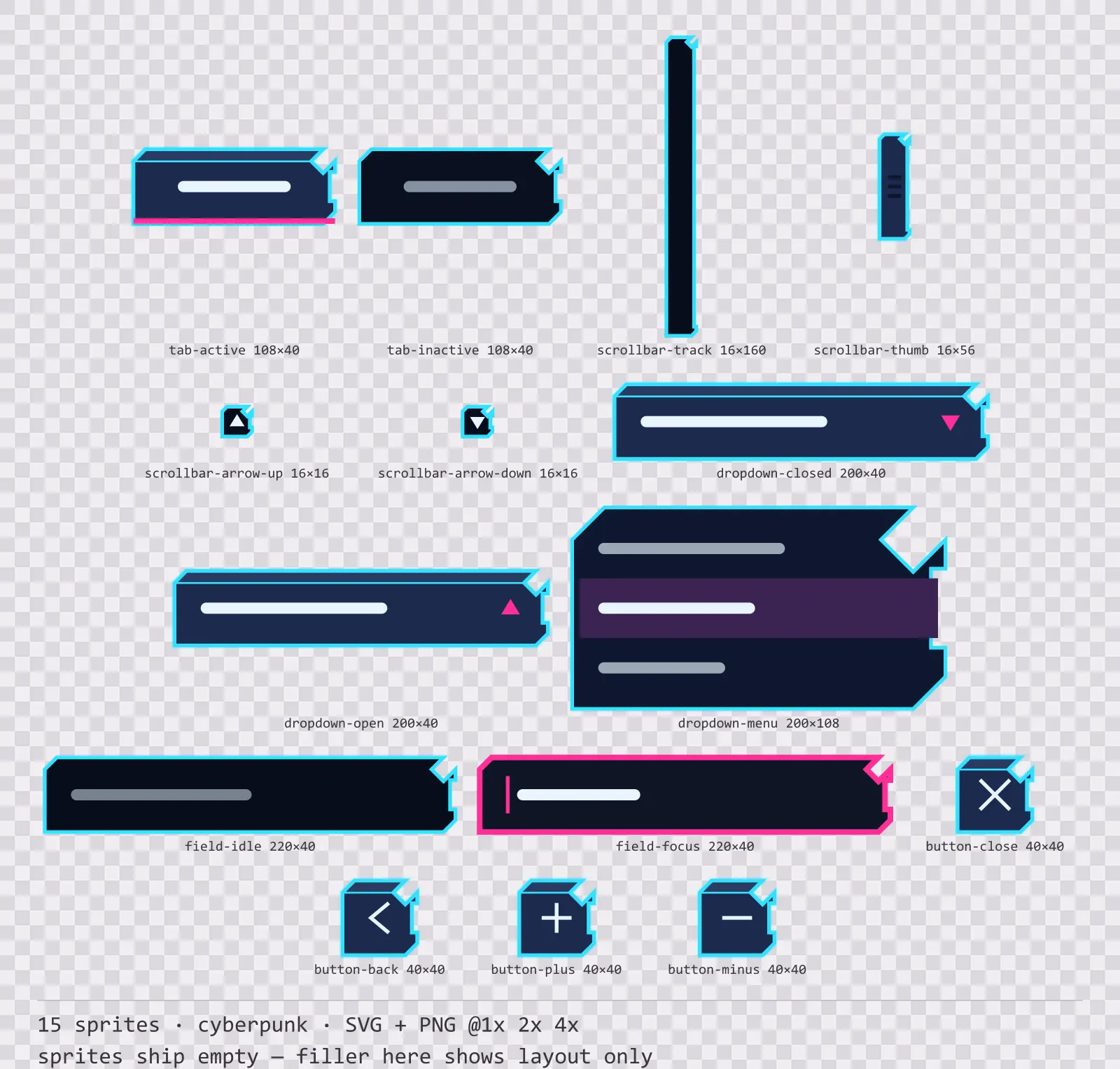 Sheet showing 15 cyberpunk navigation and input components from the Nightcity family, arranged on a transparency checkerboard with their pixel sizes printed underneath