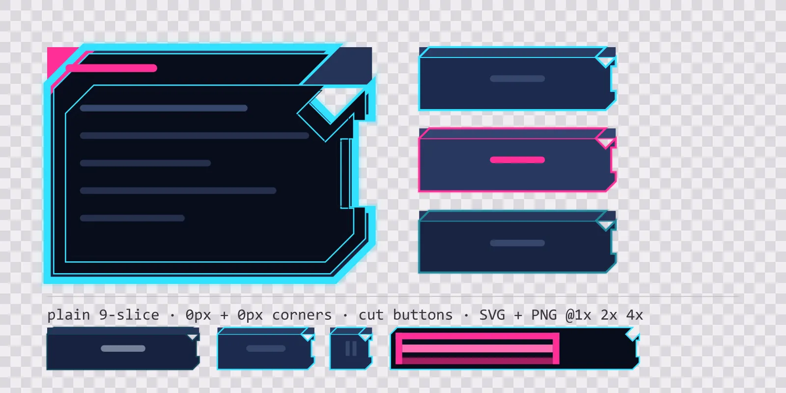 neon night game menu panel with a hot magenta title strip and a recessed list area, next to a column showing the same chamfered button in default, outlined hover and pushed-in pressed states