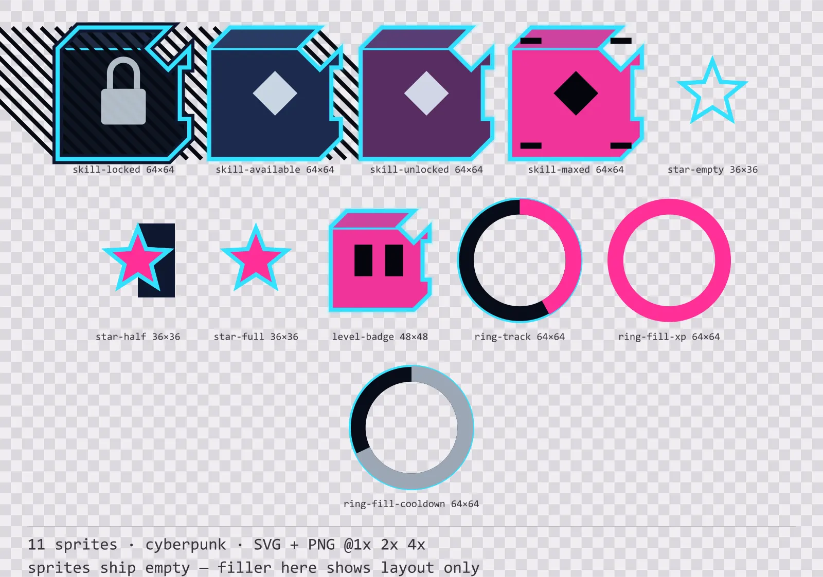 Sheet showing 11 cyberpunk progression and reward components from the Nightcity family, arranged on a transparency checkerboard with their pixel sizes printed underneath