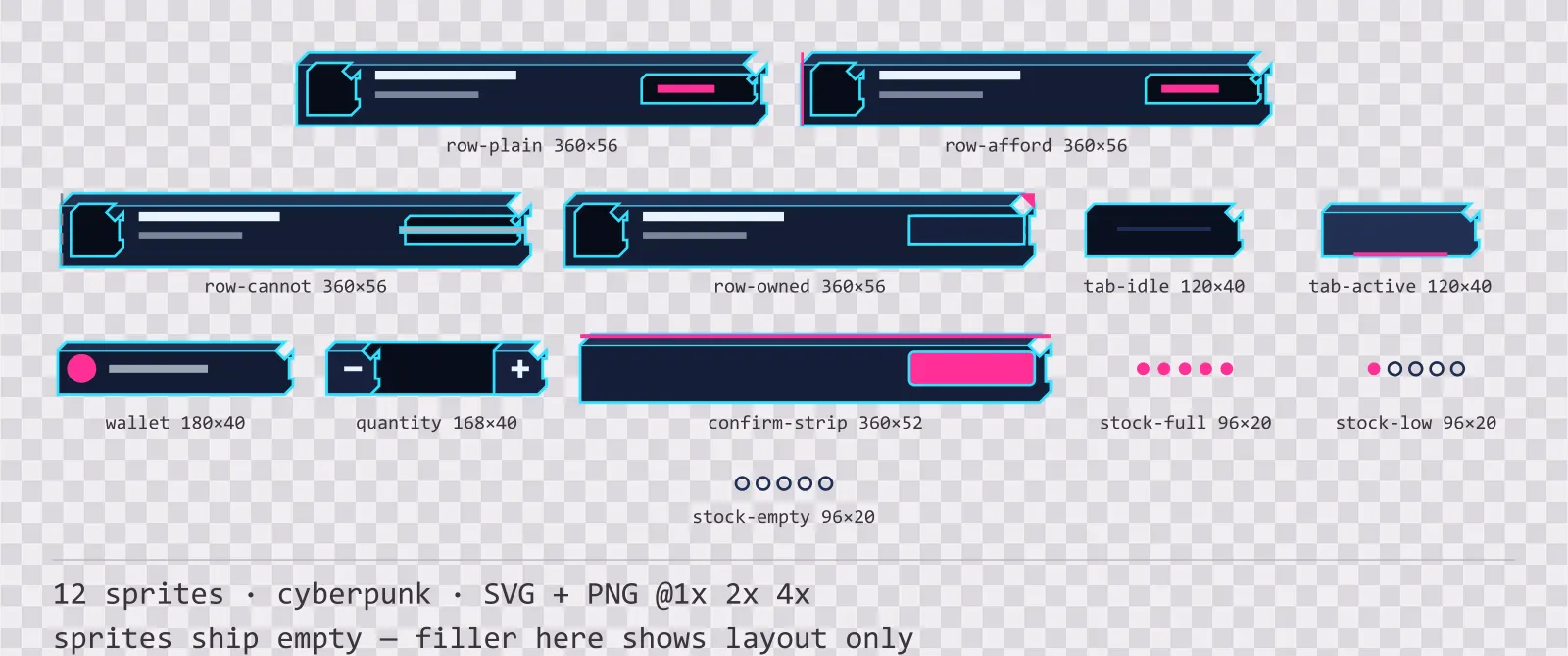 Sheet showing 12 cyberpunk shop and economy widgets from the Nightcity family, arranged on a transparency checkerboard with their pixel sizes printed underneath