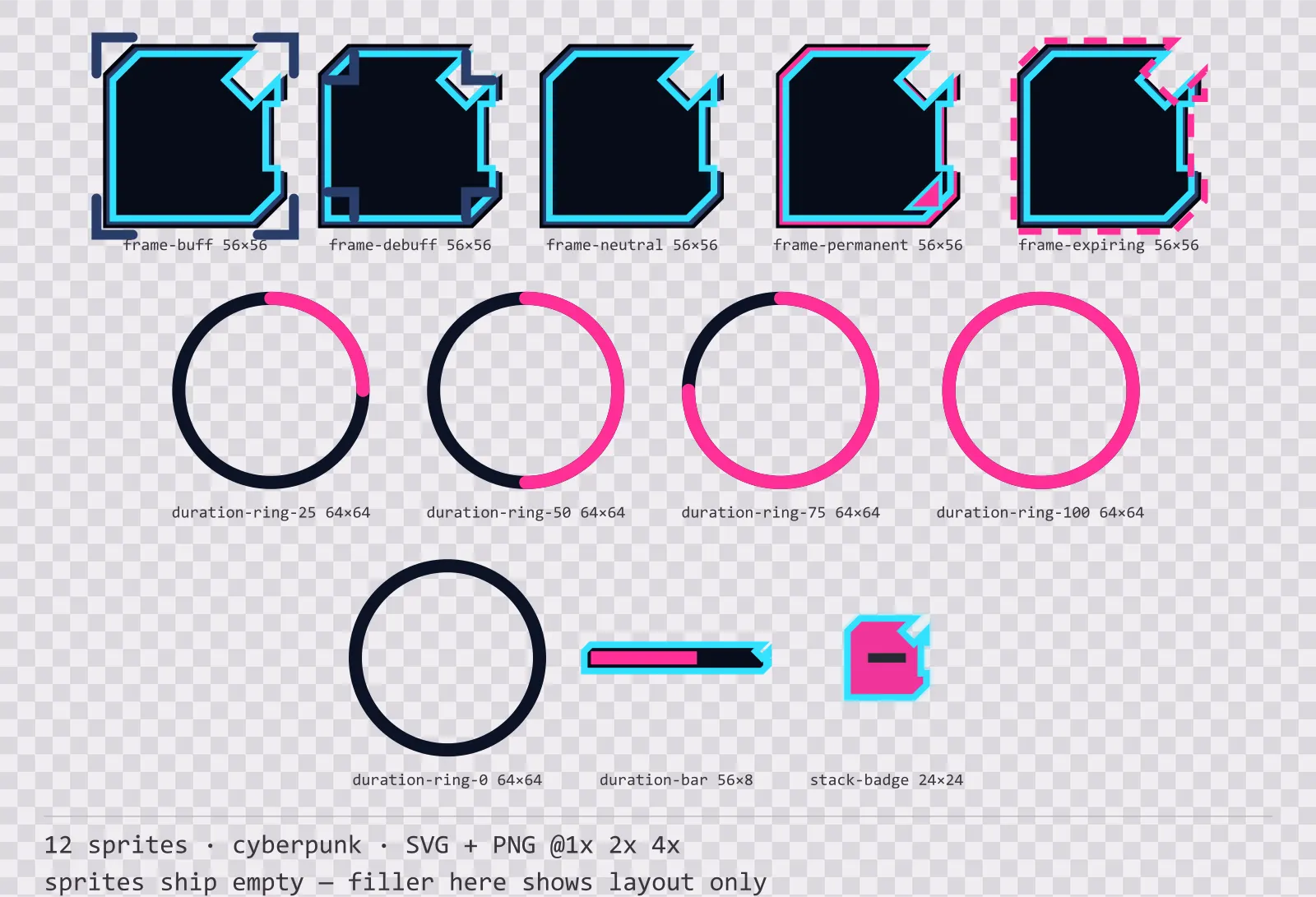 Sheet showing 12 cyberpunk status effect frames and duration indicators from the Nightcity family, arranged on a transparency checkerboard with their pixel sizes printed underneath