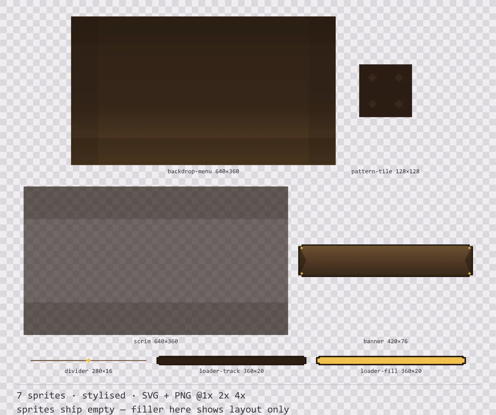 Sheet showing 7 stylised background and overlay pieces from the Oak family, arranged on a transparency checkerboard with their pixel sizes printed underneath