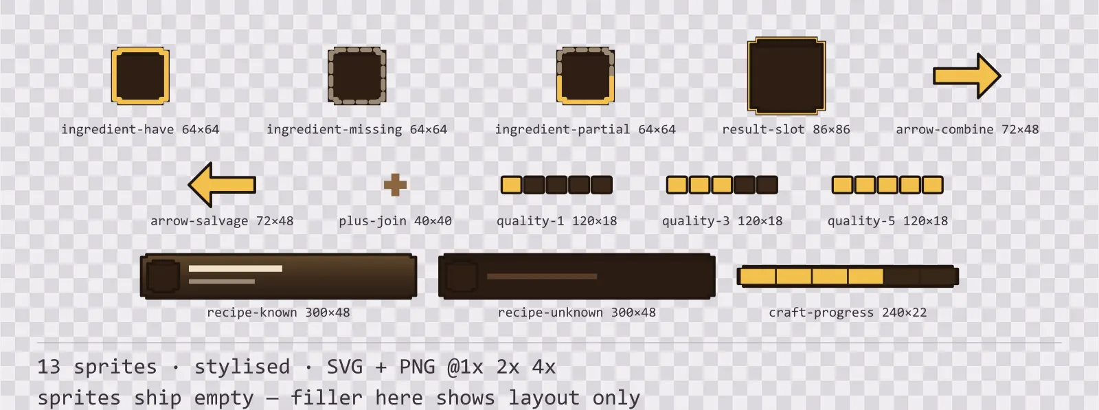 Sheet showing 13 stylised crafting and recipe widgets from the Oak family, arranged on a transparency checkerboard with their pixel sizes printed underneath