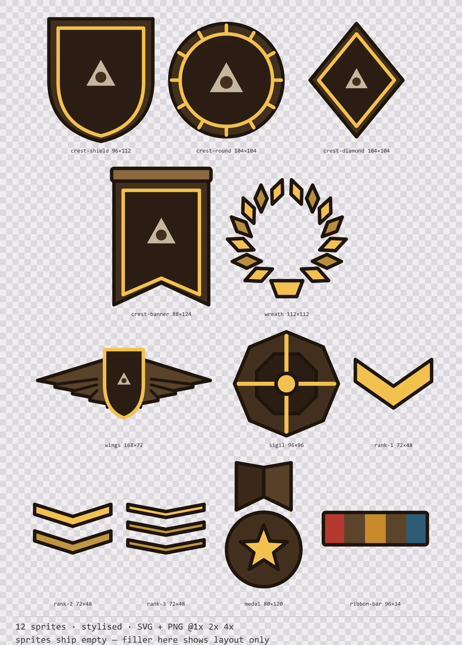 Sheet showing 12 stylised crests, insignia and rank marks from the Oak family, arranged on a transparency checkerboard with their pixel sizes printed underneath