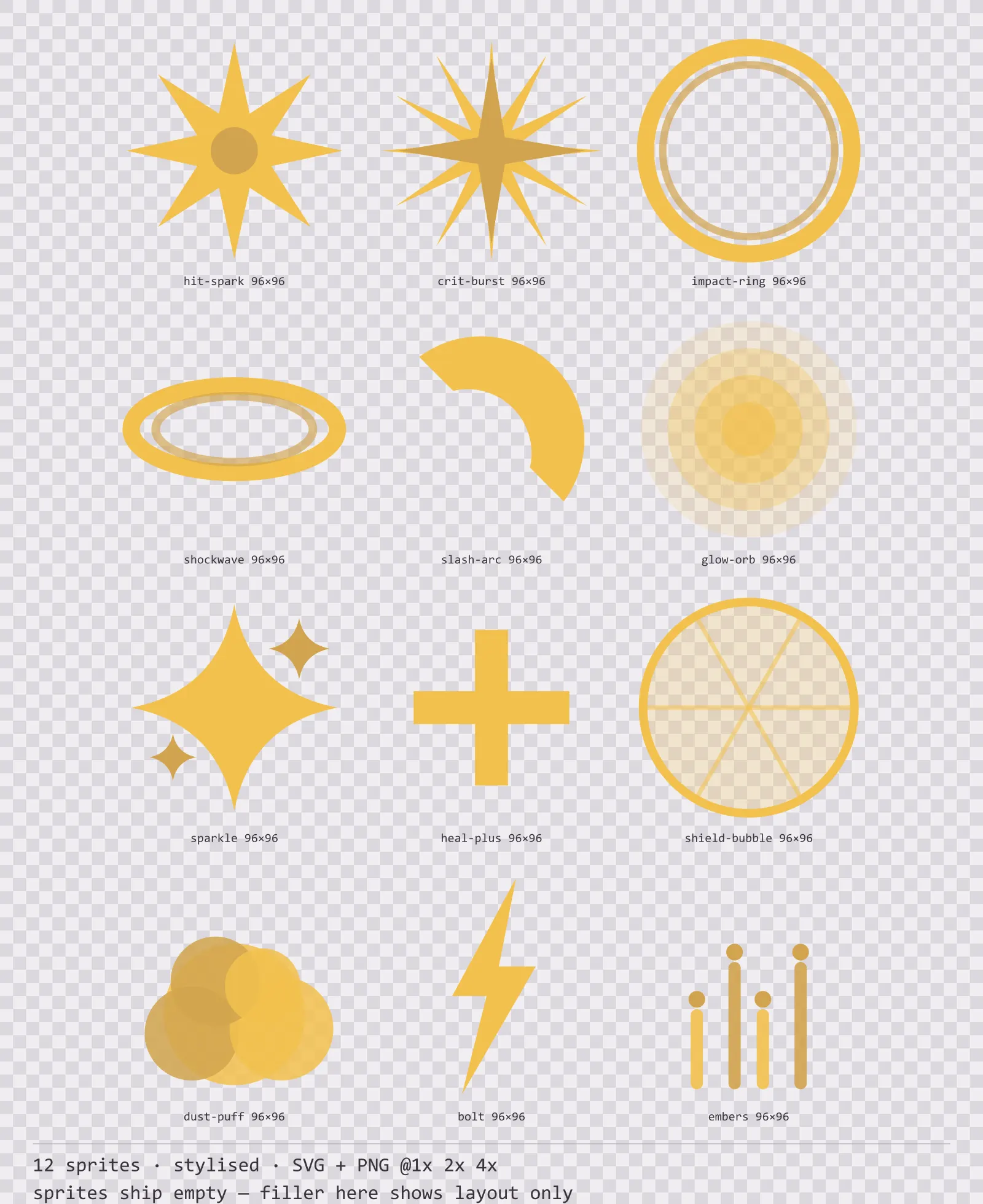 Sheet showing 12 stylised impact and effect sprites from the Oak family, arranged on a transparency checkerboard with their pixel sizes printed underneath
