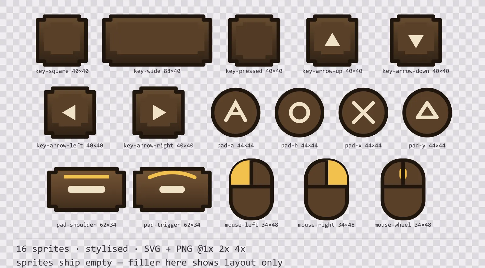 Sheet showing 16 stylised input prompt sprites from the Oak family, arranged on a transparency checkerboard with their pixel sizes printed underneath