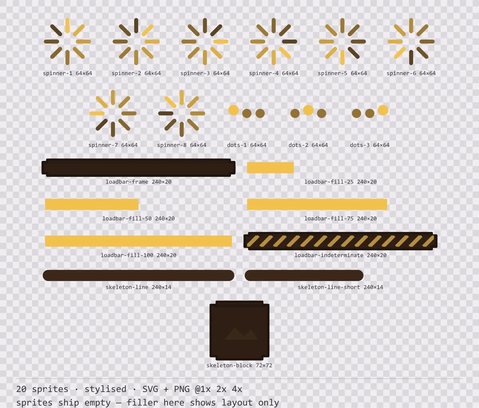 Sheet showing 20 stylised loading and waiting indicators from the Oak family, arranged on a transparency checkerboard with their pixel sizes printed underneath