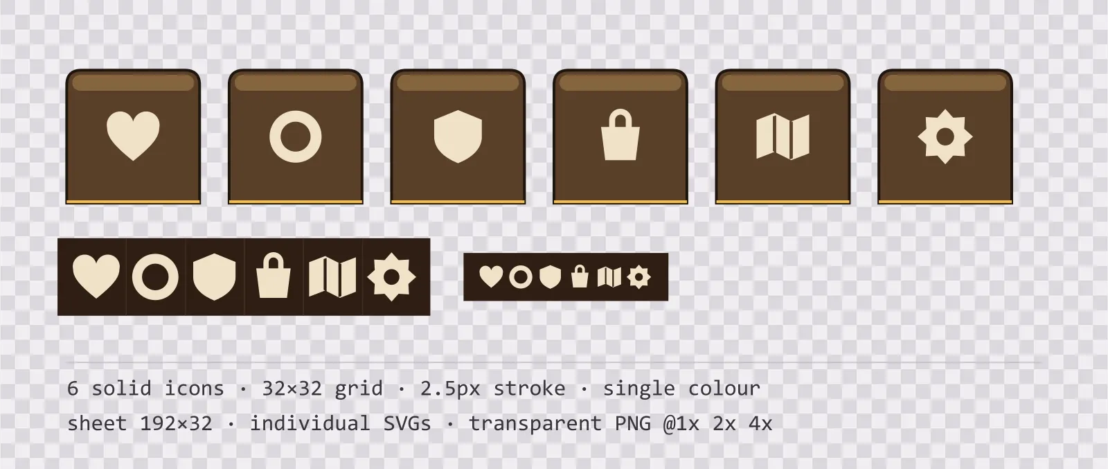 Six solid game menu icons on warm oak tiles, shown large, laid out on a sheet grid, and again at actual 32 pixel size