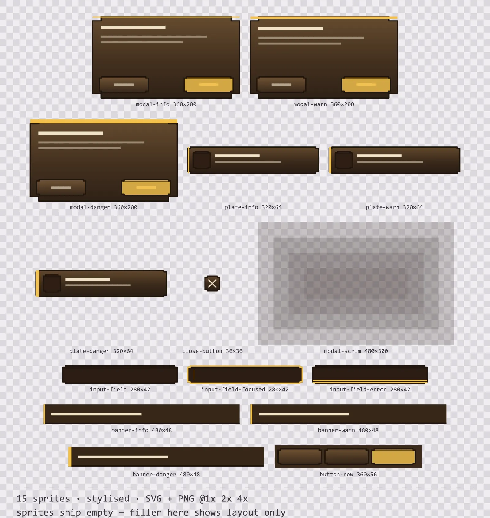 Sheet showing 15 stylised modal dialogs and system notices from the Oak family, arranged on a transparency checkerboard with their pixel sizes printed underneath
