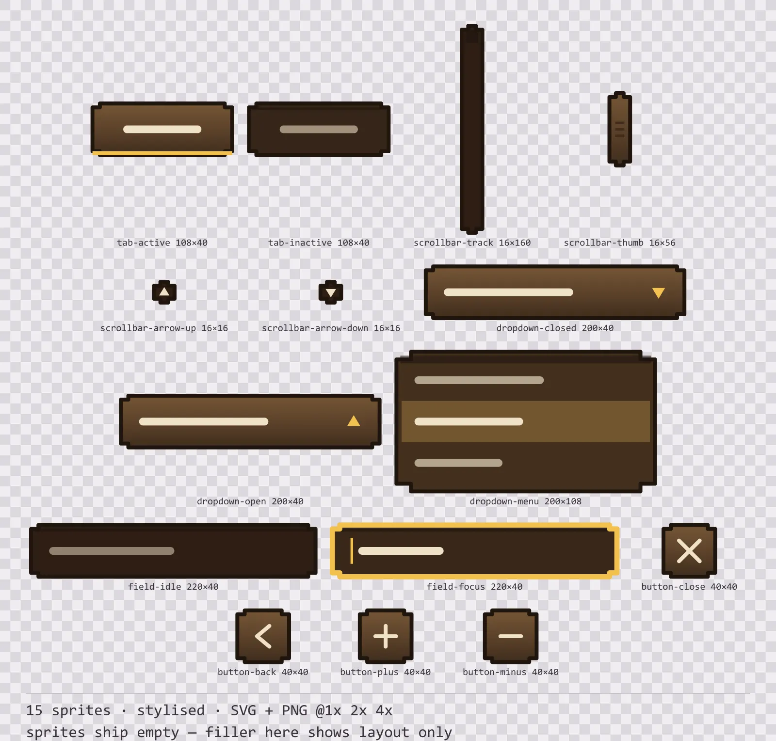 Sheet showing 15 stylised navigation and input components from the Oak family, arranged on a transparency checkerboard with their pixel sizes printed underneath
