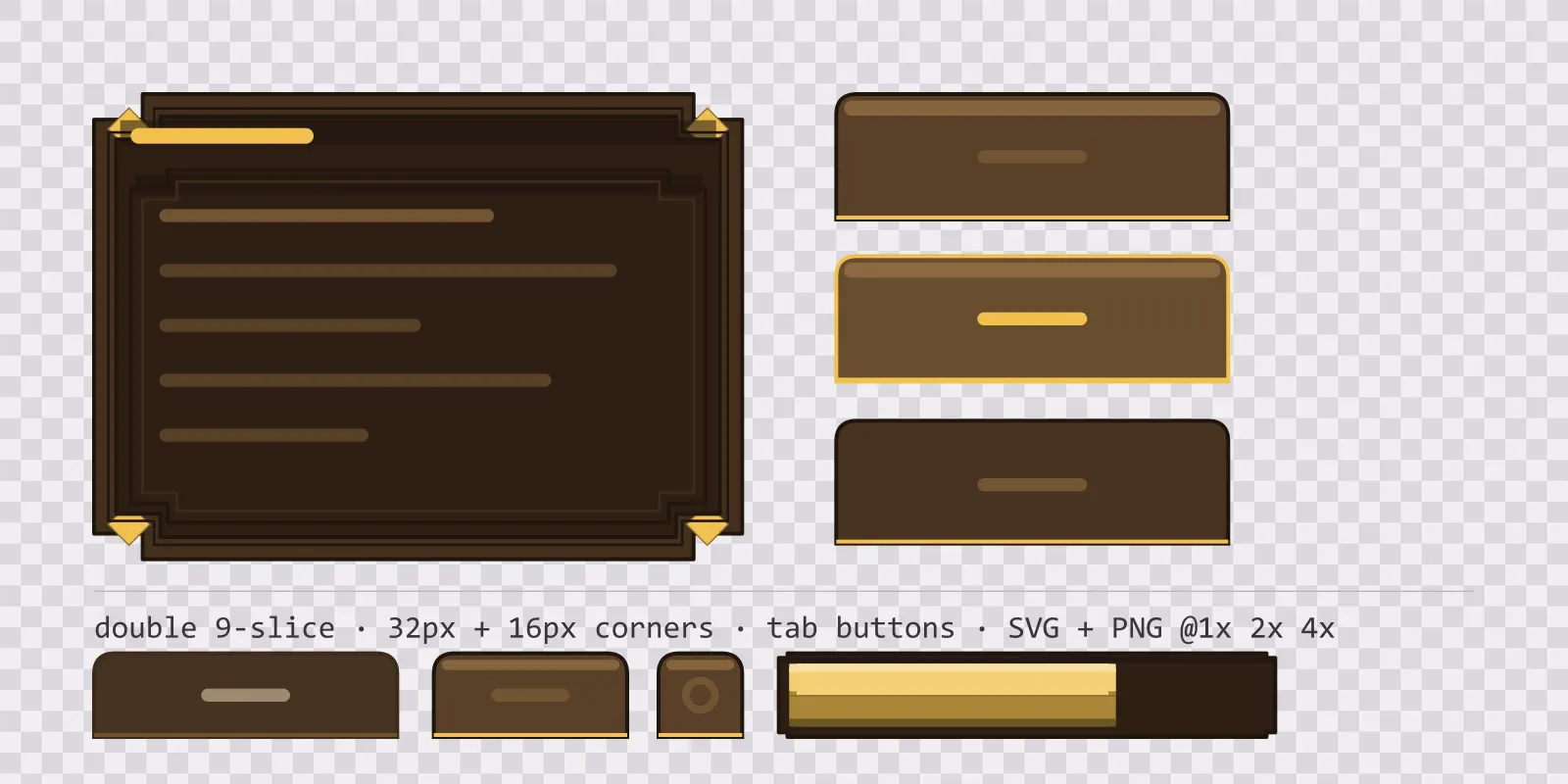 warm oak game menu panel with a polished brass title strip and a recessed list area, next to a column showing the same tab button in default, outlined hover and pushed-in pressed states