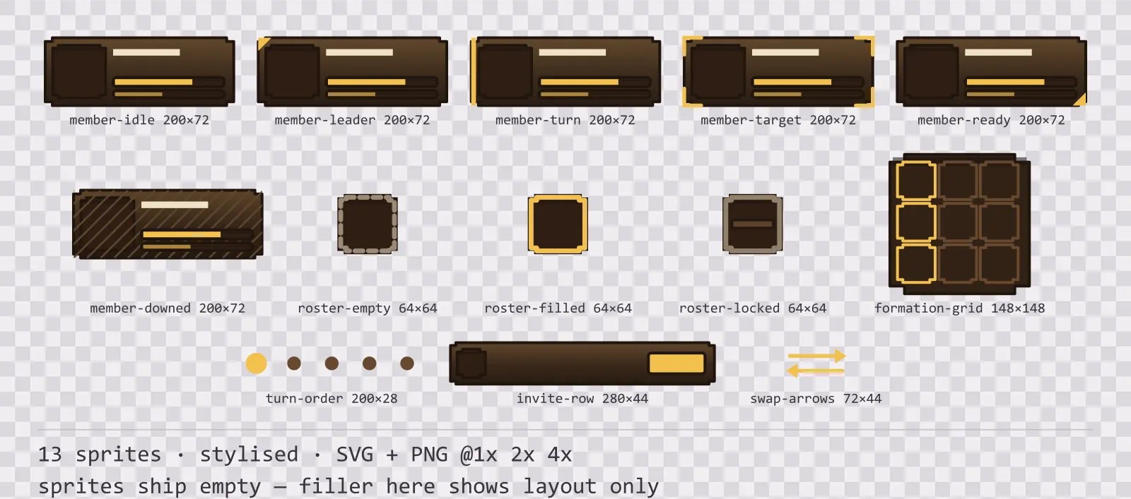 Sheet showing 13 stylised party and roster widgets from the Oak family, arranged on a transparency checkerboard with their pixel sizes printed underneath
