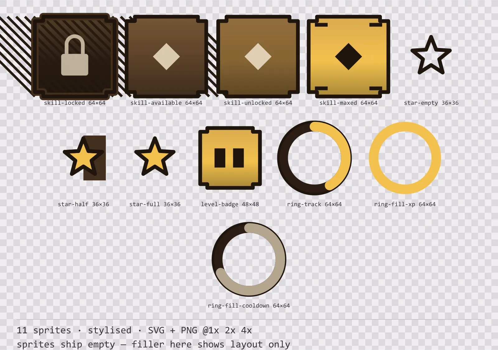 Sheet showing 11 stylised progression and reward components from the Oak family, arranged on a transparency checkerboard with their pixel sizes printed underneath