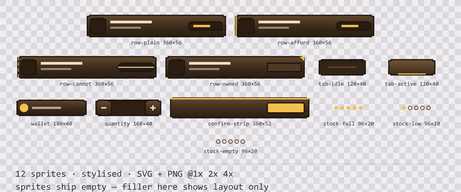 Sheet showing 12 stylised shop and economy widgets from the Oak family, arranged on a transparency checkerboard with their pixel sizes printed underneath