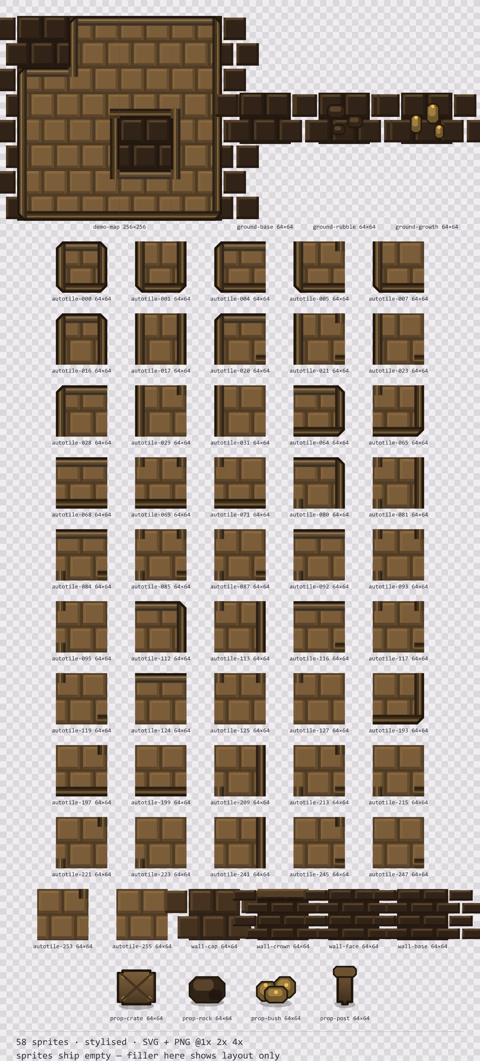 Sheet showing 58 stylised tiles from the Oak family, arranged on a transparency checkerboard with their pixel sizes printed underneath