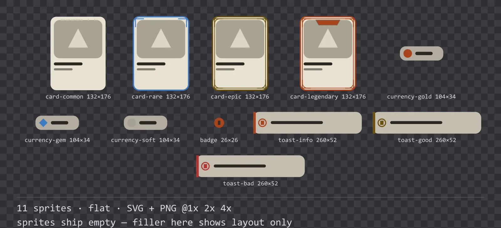 Sheet showing 11 flat card, currency and notification components from the Paper family, arranged on a transparency checkerboard with their pixel sizes printed underneath