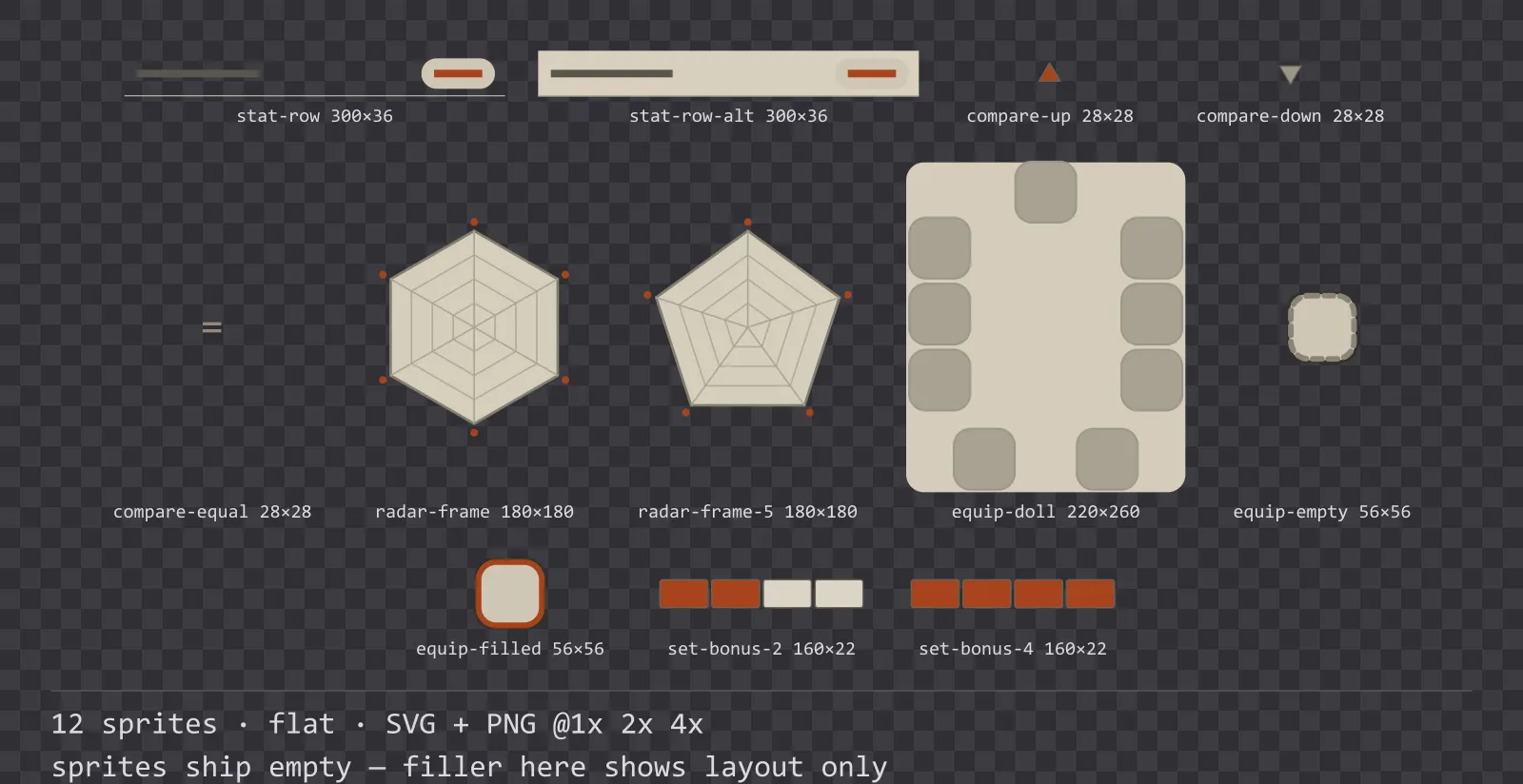 Sheet showing 12 flat character sheet and stat widgets from the Paper family, arranged on a transparency checkerboard with their pixel sizes printed underneath