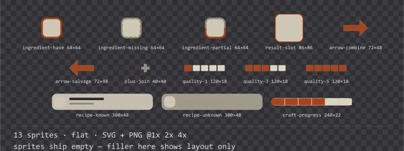 Sheet showing 13 flat crafting and recipe widgets from the Paper family, arranged on a transparency checkerboard with their pixel sizes printed underneath