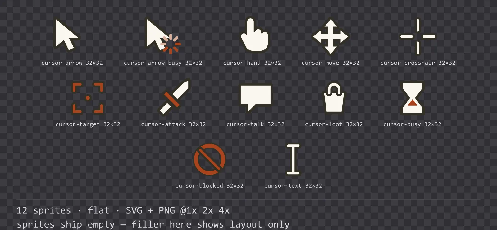 Sheet showing 12 flat mouse cursors from the Paper family, arranged on a transparency checkerboard with their pixel sizes printed underneath