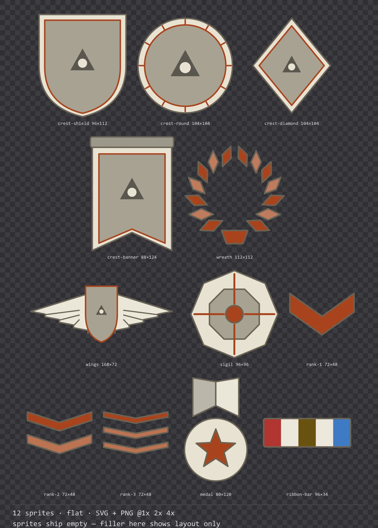 Sheet showing 12 flat crests, insignia and rank marks from the Paper family, arranged on a transparency checkerboard with their pixel sizes printed underneath