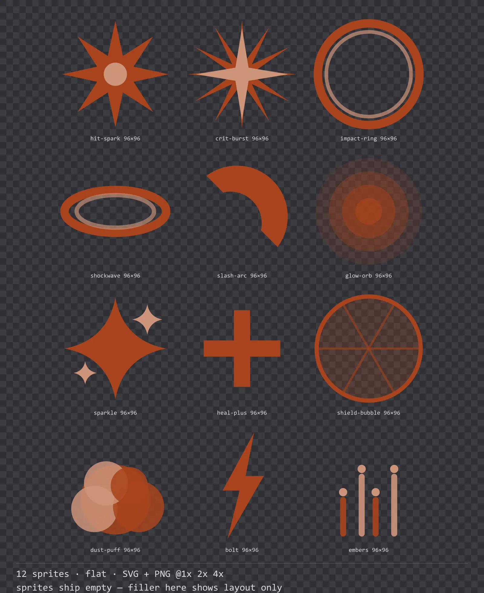 Sheet showing 12 flat impact and effect sprites from the Paper family, arranged on a transparency checkerboard with their pixel sizes printed underneath