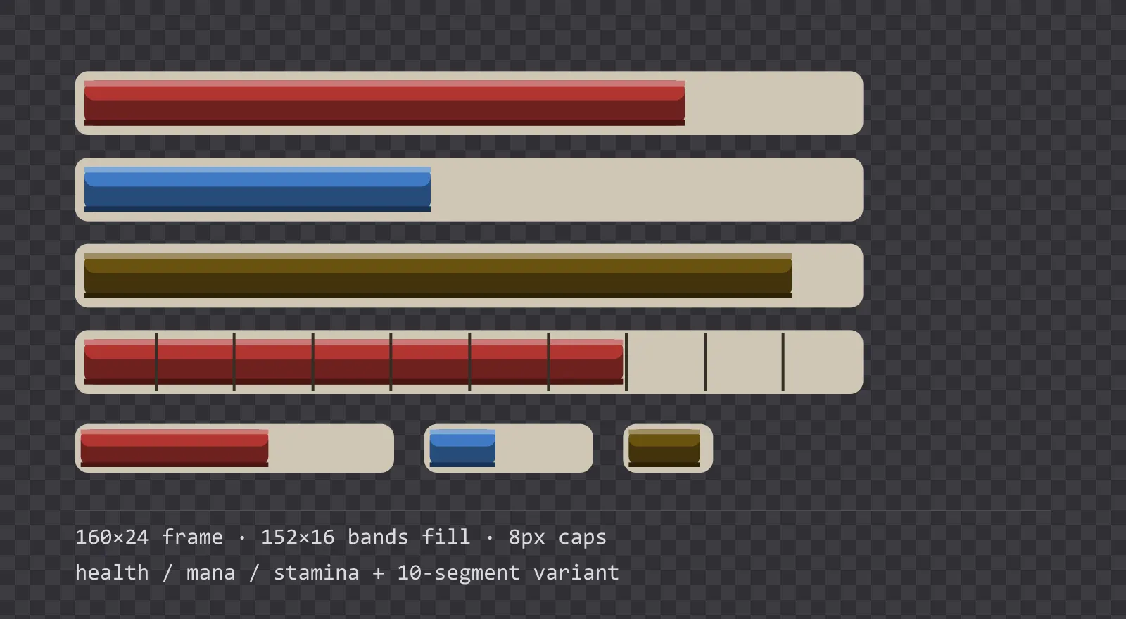 Three horizontal game status bars stacked on a checkerboard background, filled to different levels for health, mana and stamina, with a segmented 10-notch bar and three smaller bars beneath them