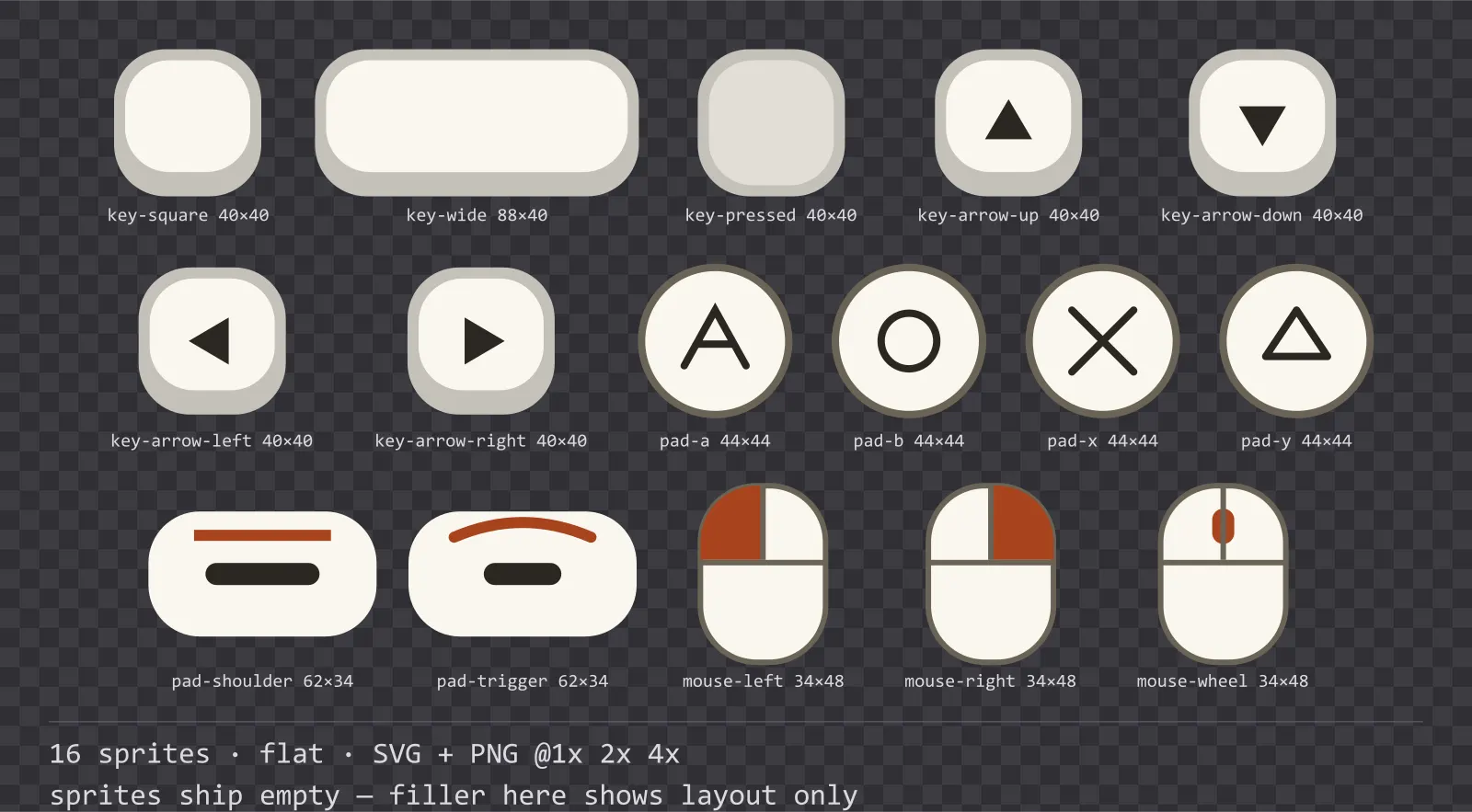 Sheet showing 16 flat input prompt sprites from the Paper family, arranged on a transparency checkerboard with their pixel sizes printed underneath