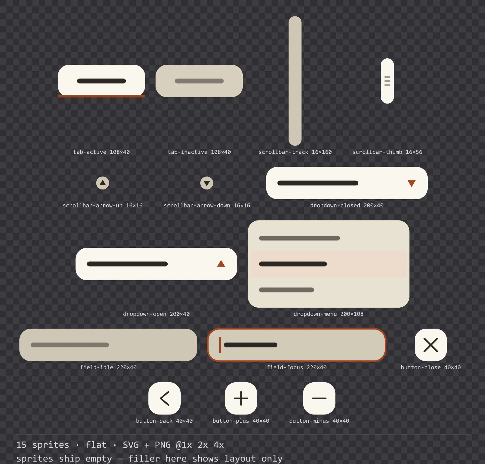 Sheet showing 15 flat navigation and input components from the Paper family, arranged on a transparency checkerboard with their pixel sizes printed underneath